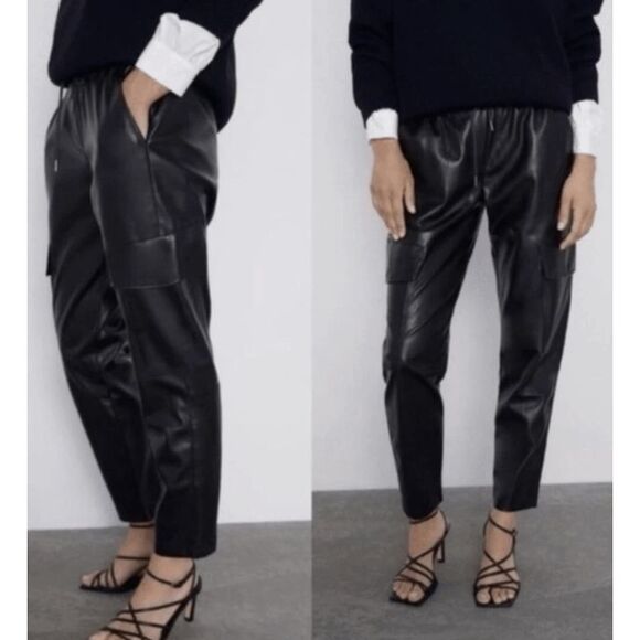ZARA Faux Leather Cargo Jogger Pants Black Vegan Leather Pockets Size Small - Picture 1 of 12